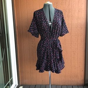 Cherry Print Fluttery Wrap Dress with Belt